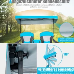 2-Sitzer Campingstuhl mit Sonnenschutz Mini-Tisch klappbarer Angelstuhl mit Tragetasche 166 x 71 x 151 cm Blau