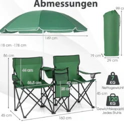 2-Sitzer Campingstuhl mit Sonnenschirm Klappbarer Angelstuhl mit Tragetasche Faltstuhl