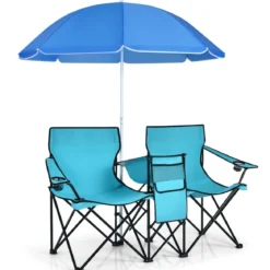 2-Sitzer Campingstuhl mit Sonnenschirm Klappbarer Angelstuhl mit Tragetasche Faltstuhl