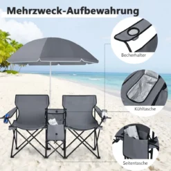2-Sitzer Campingstuhl mit Sonnenschirm Klappbarer Angelstuhl mit Tragetasche Faltstuhl