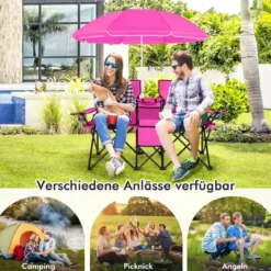 2-Sitzer Campingstuhl mit Sonnenschirm Klappbarer Angelstuhl mit Tragetasche Faltstuhl