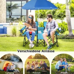 2-Sitzer Campingstuhl mit Sonnenschirm Klappbarer Angelstuhl mit Tragetasche Faltstuhl