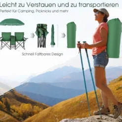 2-Sitzer Campingstuhl mit Sonnenschirm Klappbarer Angelstuhl mit Tragetasche Faltstuhl