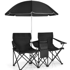 2-Sitzer Campingstuhl mit Sonnenschirm Klappbarer Angelstuhl mit Tragetasche Faltstuhl