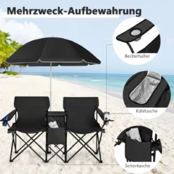 2-Sitzer Campingstuhl mit Sonnenschirm Klappbarer Angelstuhl mit Tragetasche Faltstuhl