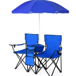 2-Sitzer Campingstuhl mit Sonnenschirm Klappbarer Angelstuhl mit Tragetasche Faltstuhl