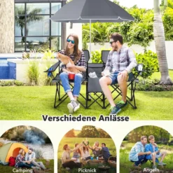 2-Sitzer Campingstuhl mit Sonnenschirm Klappbarer Angelstuhl mit Tragetasche Faltstuhl