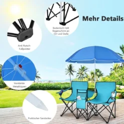 2-Sitzer Campingstuhl mit Sonnenschirm Klappbarer Angelstuhl mit Tragetasche Faltstuhl