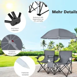 2-Sitzer Campingstuhl mit Sonnenschirm Klappbarer Angelstuhl mit Tragetasche Faltstuhl