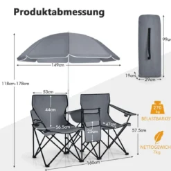 2-Sitzer Campingstuhl mit Sonnenschirm Klappbarer Angelstuhl mit Tragetasche Faltstuhl
