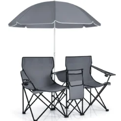 2-Sitzer Campingstuhl mit Sonnenschirm Klappbarer Angelstuhl mit Tragetasche Faltstuhl