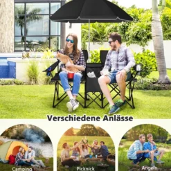 2-Sitzer Campingstuhl mit Sonnenschirm Klappbarer Angelstuhl mit Tragetasche Faltstuhl