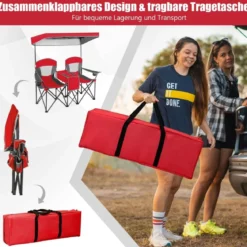 2-Sitzer Campingstuhl mit Sonnenschutz Mini-Tisch klappbarer Angelstuhl mit Tragetasche 166 x 71 x 151 cm Rot