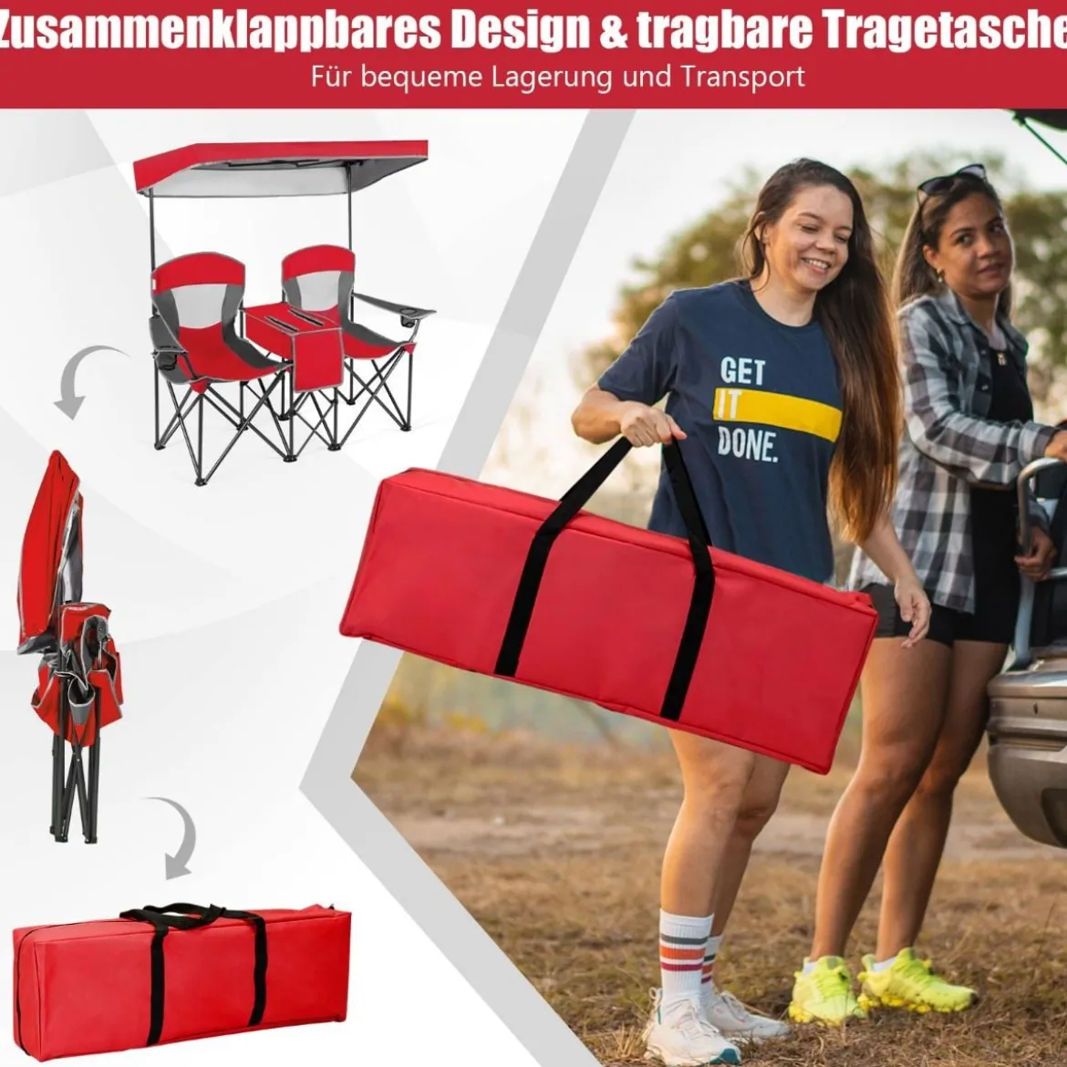 2-Sitzer Campingstuhl mit Sonnenschutz Mini-Tisch klappbarer Angelstuhl mit Tragetasche 166 x 71 x 151 cm Rot