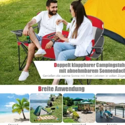 2-Sitzer Campingstuhl mit Sonnenschutz Mini-Tisch klappbarer Angelstuhl mit Tragetasche 166 x 71 x 151 cm Rot