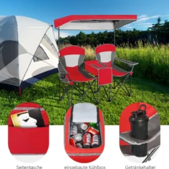 2-Sitzer Campingstuhl mit Sonnenschutz Mini-Tisch klappbarer Angelstuhl mit Tragetasche 166 x 71 x 151 cm Rot