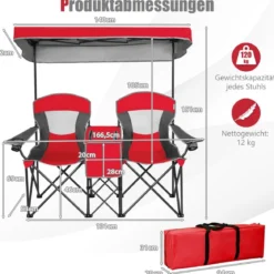 2-Sitzer Campingstuhl mit Sonnenschutz Mini-Tisch klappbarer Angelstuhl mit Tragetasche 166 x 71 x 151 cm Rot