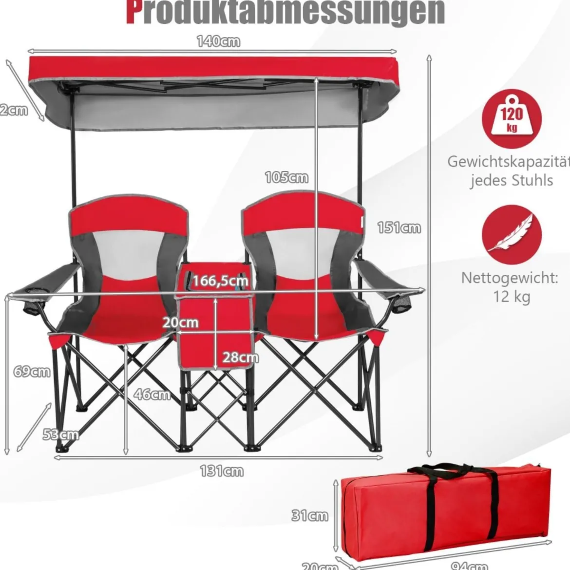 2-Sitzer Campingstuhl mit Sonnenschutz Mini-Tisch klappbarer Angelstuhl mit Tragetasche 166 x 71 x 151 cm Rot
