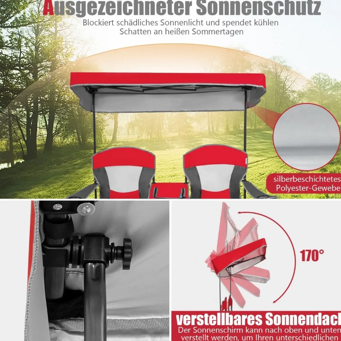 2-Sitzer Campingstuhl mit Sonnenschutz Mini-Tisch klappbarer Angelstuhl mit Tragetasche 166 x 71 x 151 cm Rot