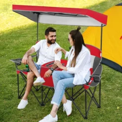 2-Sitzer Campingstuhl mit Sonnenschutz Mini-Tisch klappbarer Angelstuhl mit Tragetasche 166 x 71 x 151 cm Rot