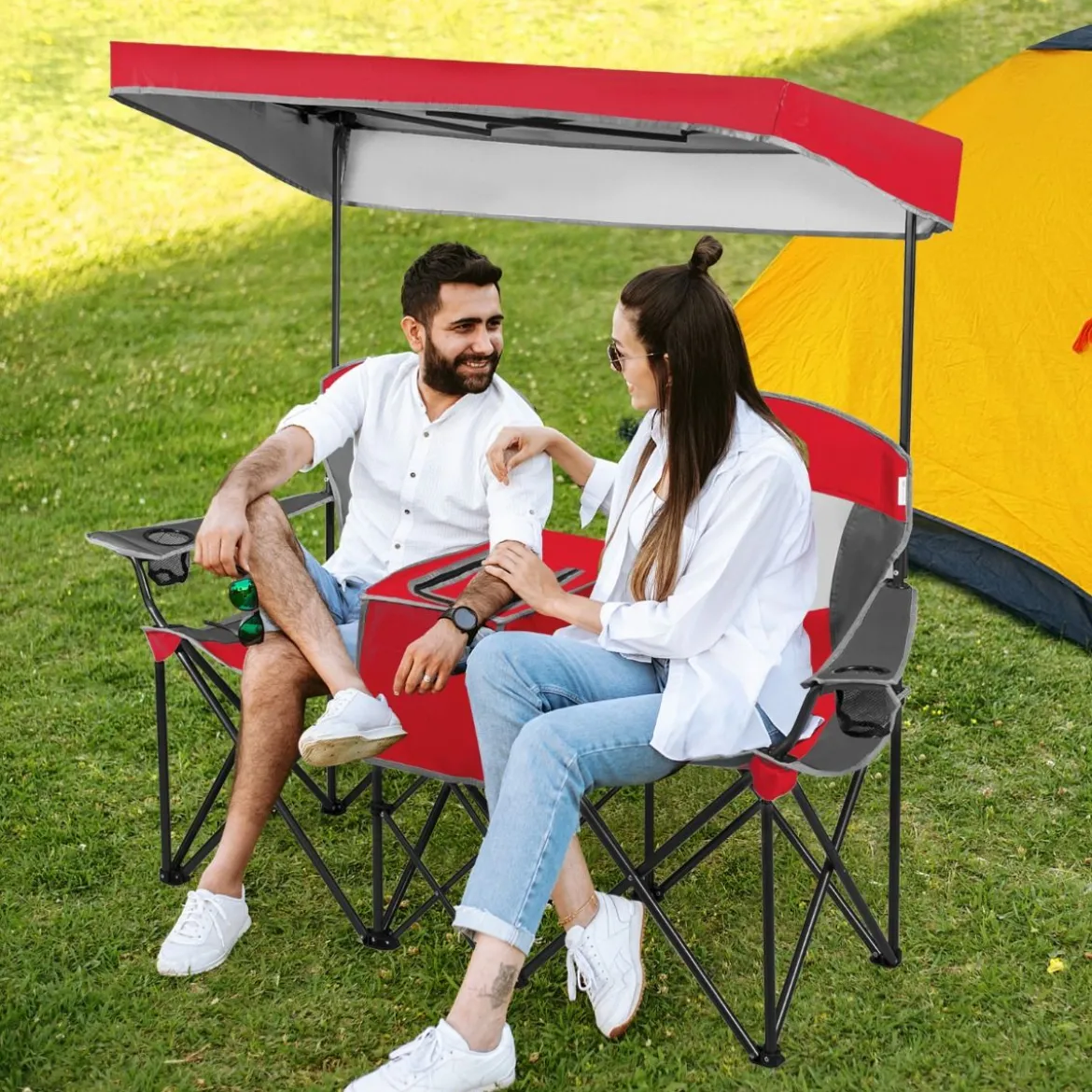 2-Sitzer Campingstuhl mit Sonnenschutz Mini-Tisch klappbarer Angelstuhl mit Tragetasche 166 x 71 x 151 cm Rot