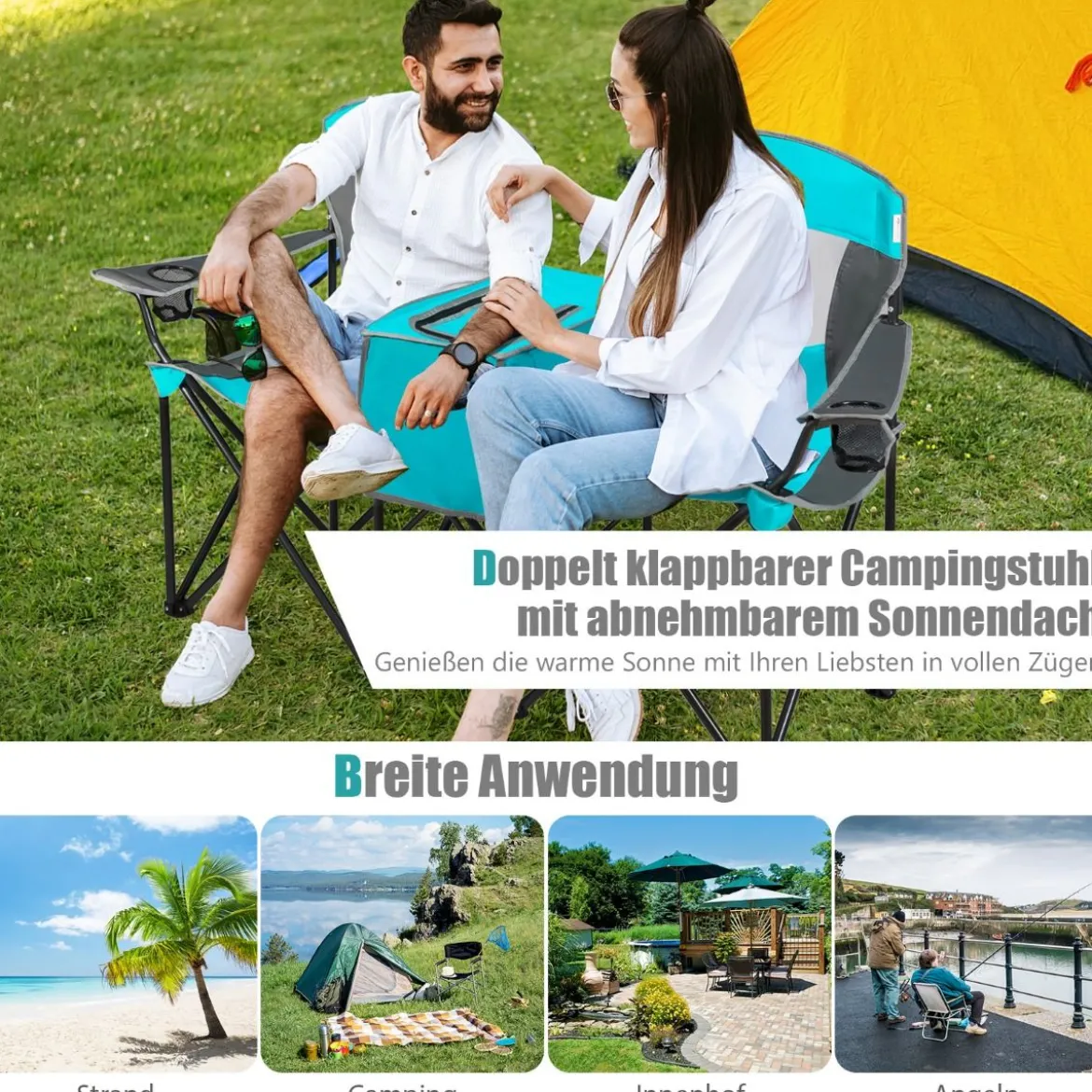 2-Sitzer Campingstuhl mit Sonnenschutz Mini-Tisch klappbarer Angelstuhl mit Tragetasche 166 x 71 x 151 cm Türkis