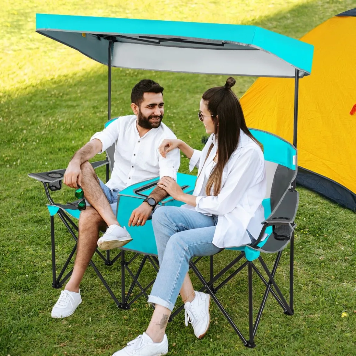 2-Sitzer Campingstuhl mit Sonnenschutz Mini-Tisch klappbarer Angelstuhl mit Tragetasche 166 x 71 x 151 cm Türkis