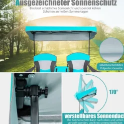 2-Sitzer Campingstuhl mit Sonnenschutz Mini-Tisch klappbarer Angelstuhl mit Tragetasche 166 x 71 x 151 cm Türkis