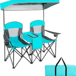 2-Sitzer Campingstuhl mit Sonnenschutz Mini-Tisch klappbarer Angelstuhl mit Tragetasche 166 x 71 x 151 cm Türkis
