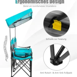 2-Sitzer Campingstuhl mit Sonnenschutz Mini-Tisch klappbarer Angelstuhl mit Tragetasche 166 x 71 x 151 cm Türkis