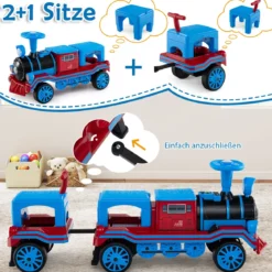 3-Sitzer Elektrische Zugset 12V Kinderfahrzeug mit 2 abnehmbaren Sitzen 1 Lokomotive & 1 Waggon Elektrofahrzeug Blau