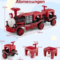 3-Sitzer Elektrische Zugset 12V Kinderfahrzeug mit 2 abnehmbaren Sitzen 1 Lokomotive & 1 Waggon Elektrofahrzeug Rot