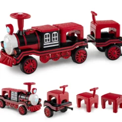 3-Sitzer Elektrische Zugset 12V Kinderfahrzeug mit 2 abnehmbaren Sitzen 1 Lokomotive & 1 Waggon Elektrofahrzeug Rot