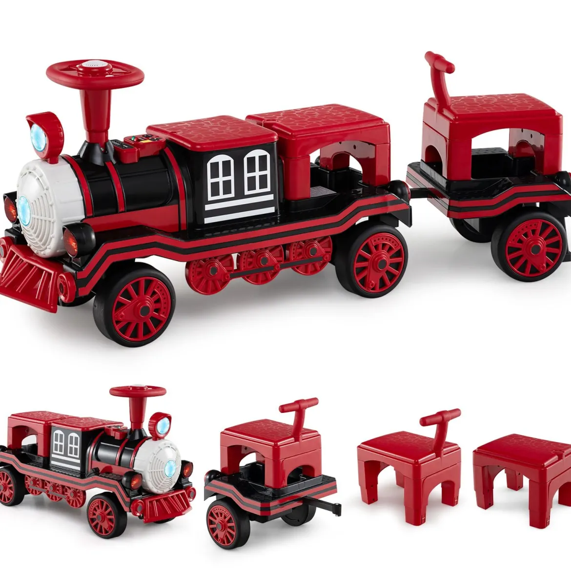 3-Sitzer Elektrische Zugset 12V Kinderfahrzeug mit 2 abnehmbaren Sitzen 1 Lokomotive & 1 Waggon Elektrofahrzeug Rot