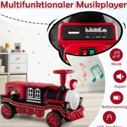 3-Sitzer Elektrische Zugset 12V Kinderfahrzeug mit 2 abnehmbaren Sitzen 1 Lokomotive & 1 Waggon Elektrofahrzeug Rot