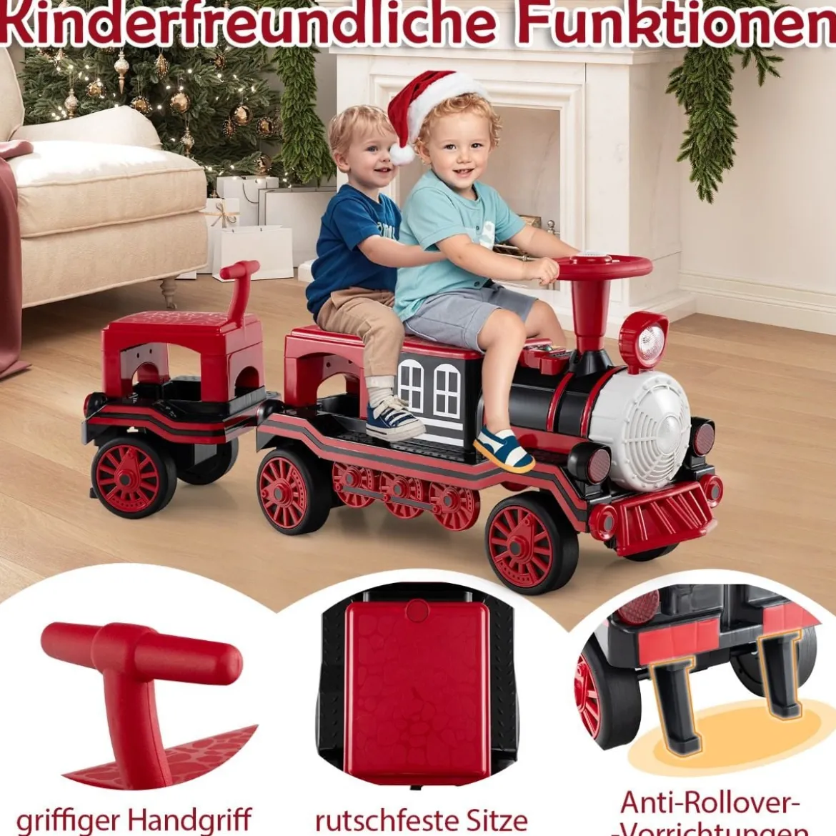 3-Sitzer Elektrische Zugset 12V Kinderfahrzeug mit 2 abnehmbaren Sitzen 1 Lokomotive & 1 Waggon Elektrofahrzeug Rot