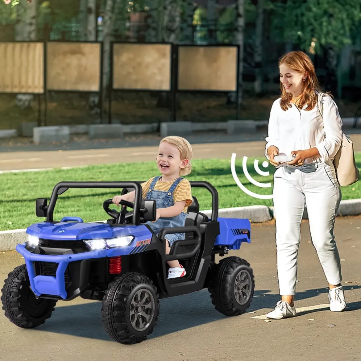 2 Sitzer Elektroauto mit Automatische Ladefläche & Musik & Scheinwerfer 3-8 km/h Fernbedienung