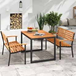2-Sitzer Gartenbank aus Akazienholz mit Armlehnen & Metallrahmen Wetterfest Holzbank