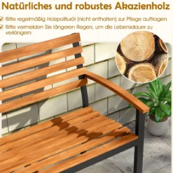 2-Sitzer Gartenbank aus Akazienholz mit Armlehnen & Metallrahmen Wetterfest Holzbank