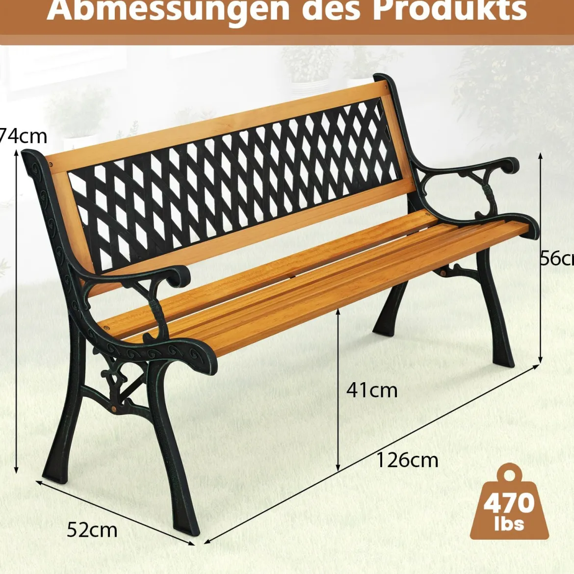 2-Sitzer Gartenbank mit Armlehnen & Rückenlehne Wetterfeste Sitzbank Holzbank Balkonbank