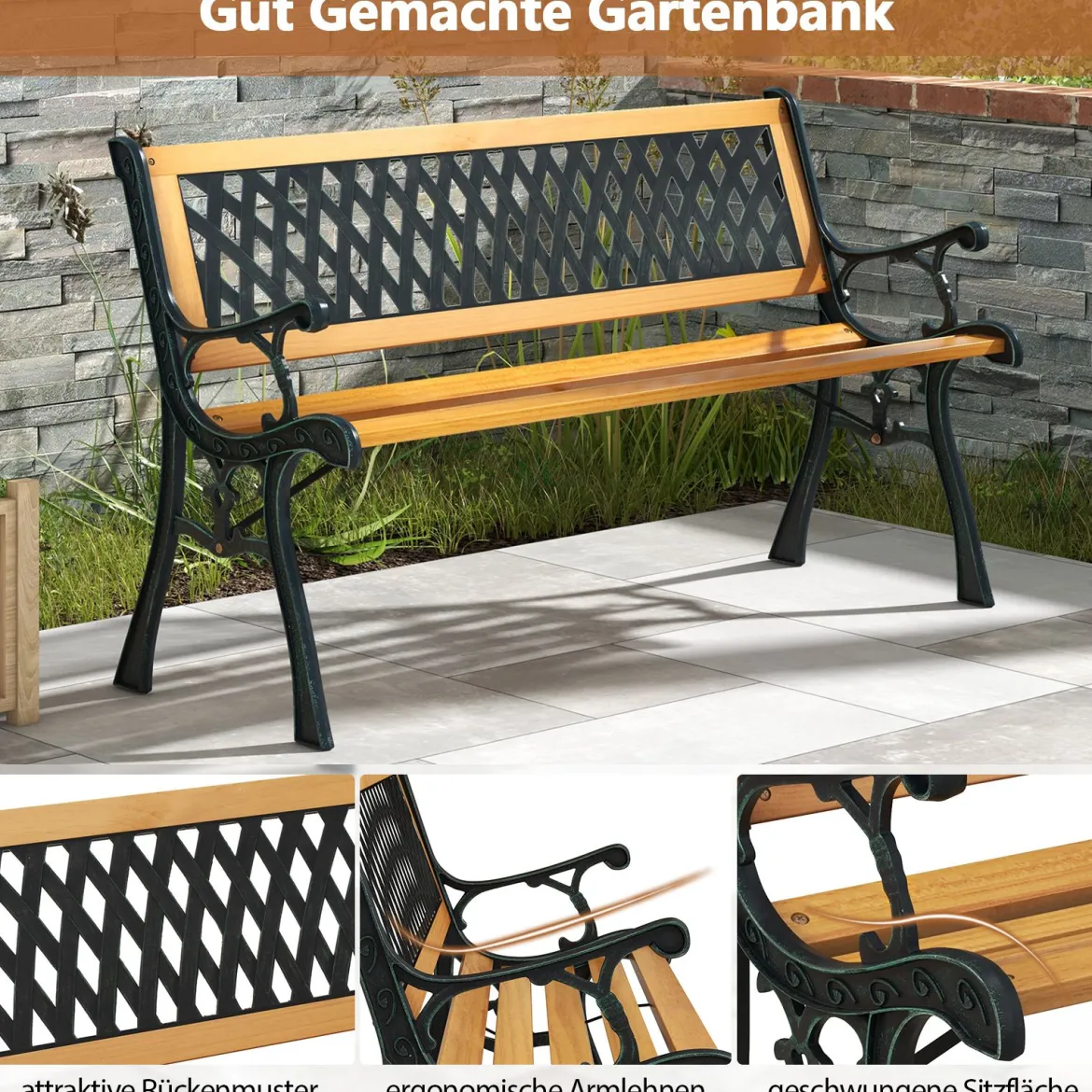 2-Sitzer Gartenbank mit Armlehnen & Rückenlehne Wetterfeste Sitzbank Holzbank Balkonbank