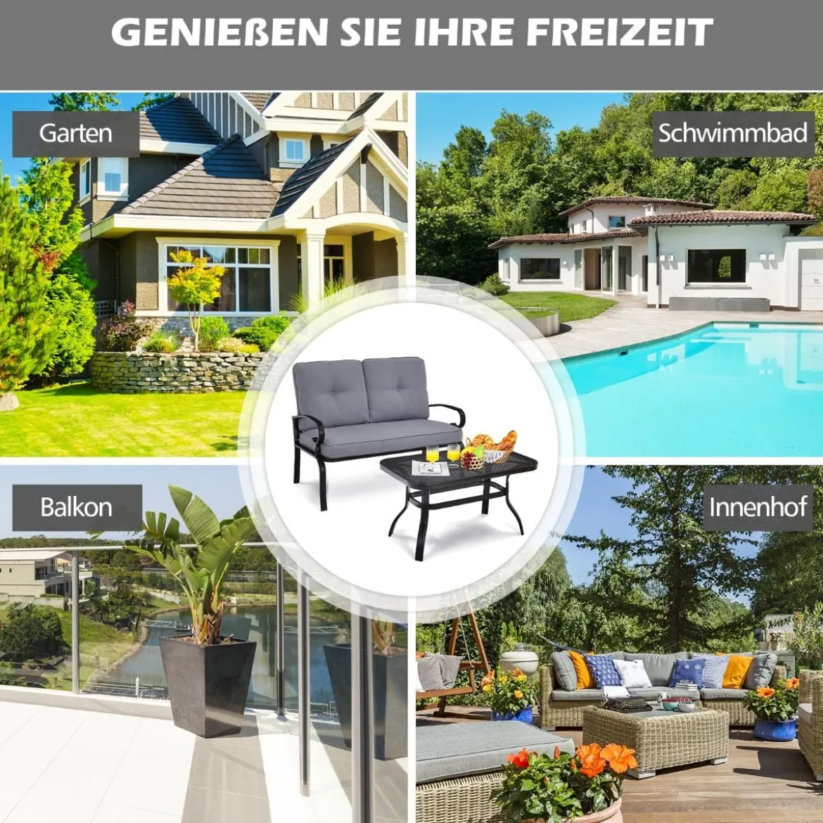 2-Sitzer Gartenbank mit Couchtisch Sitzbank mit Kissen Grau & Schwarz