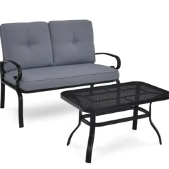 2-Sitzer Gartenbank mit Couchtisch Sitzbank mit Kissen Grau & Schwarz