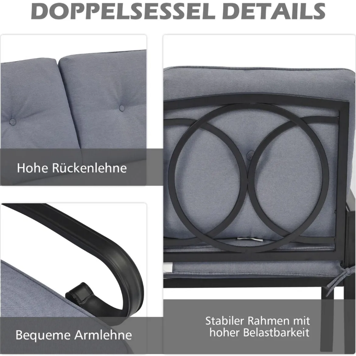 2-Sitzer Gartenbank mit Couchtisch Sitzbank mit Kissen Grau & Schwarz