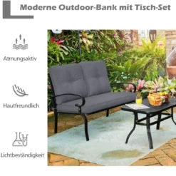 2-Sitzer Gartenbank mit Couchtisch Sitzbank mit Kissen Grau & Schwarz
