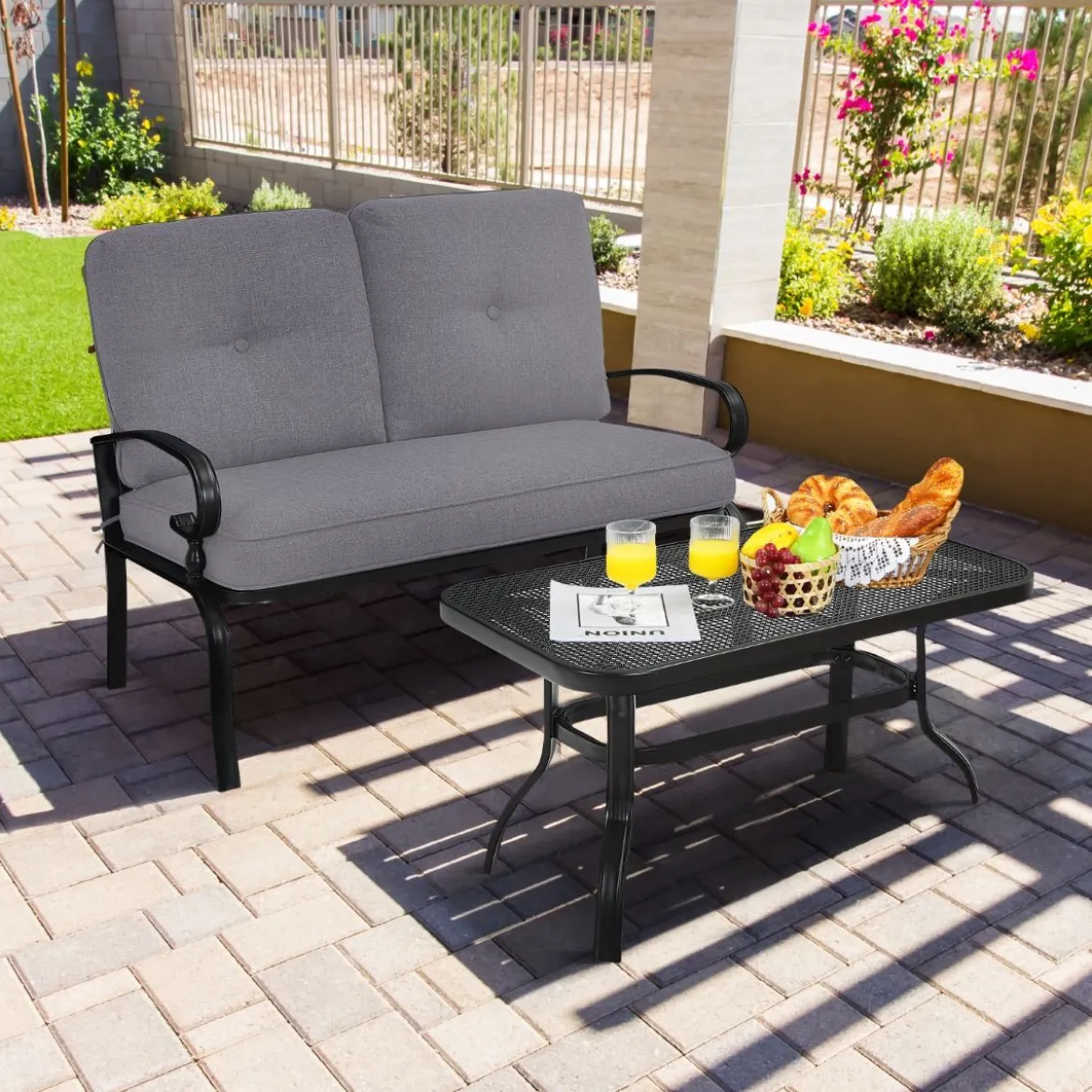 2-Sitzer Gartenbank mit Couchtisch Sitzbank mit Kissen Grau & Schwarz