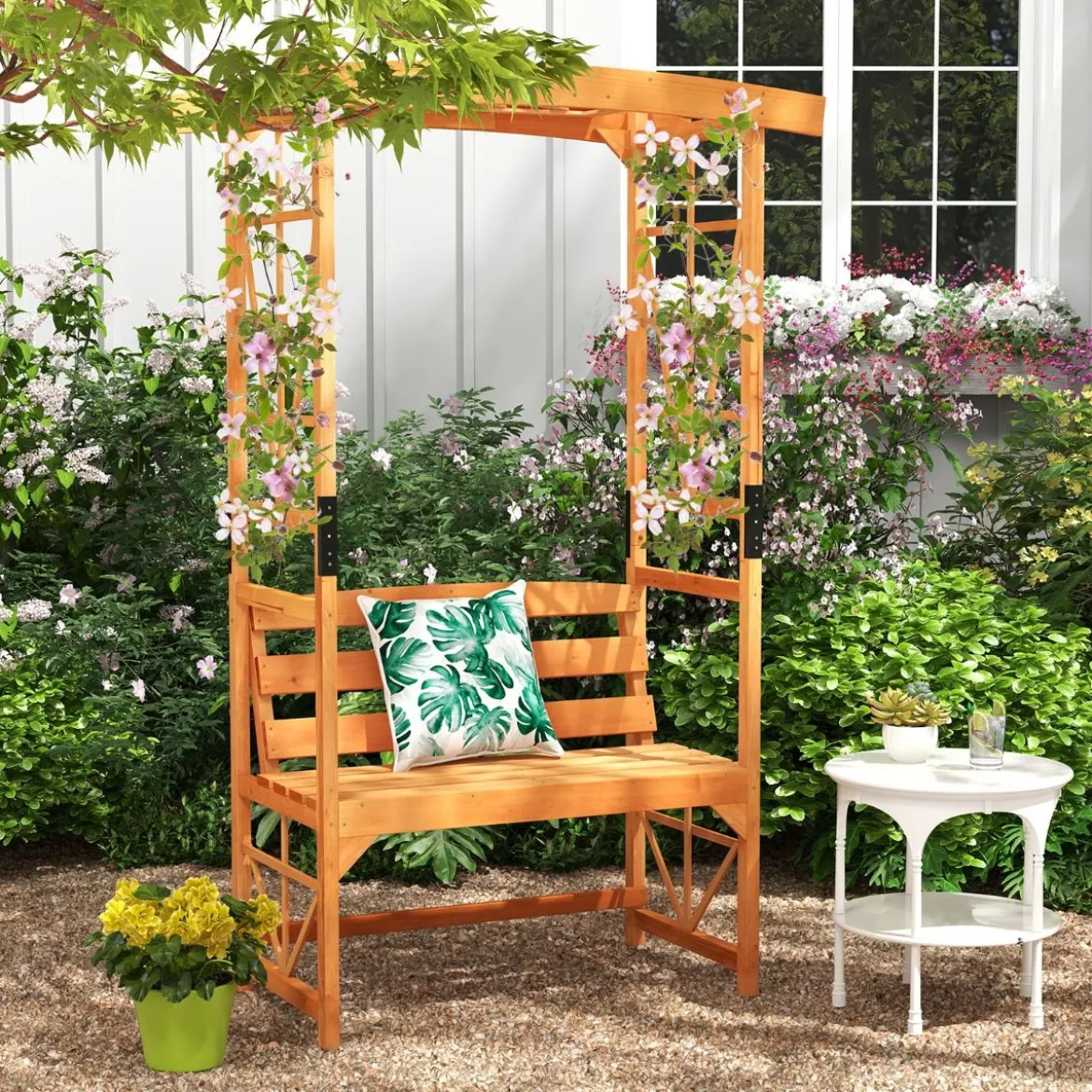 2-Sitzer Gartenbank mit Rankhilfe Rosenbogen Gartenbogen Torbogen für Kletterpflanzen