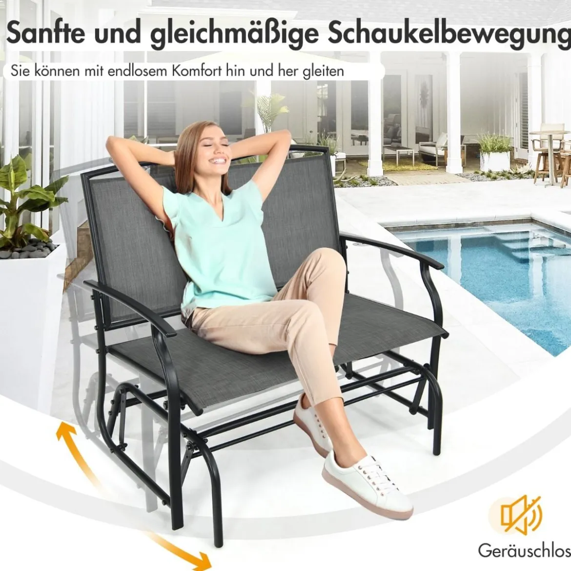 2-Sitzer Gartenbank mit Schaukelmechanismus & robustem Metallrahmen & atmungsaktivem Sitzstoff Grau