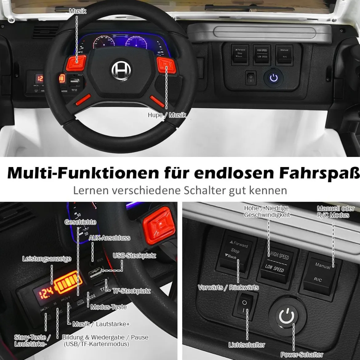 2 Sitzer Kinderauto mit Fernbedienung 3 Gang Elektroauto 123 x 80 x 80 cm Weiß