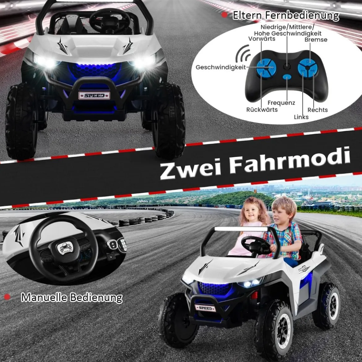 2 Sitzer Kinderauto mit 2,4G Fernbedienung 12V Kinder UTV mit Musik und Scheinwerfer 118 x 74 x 71 cm